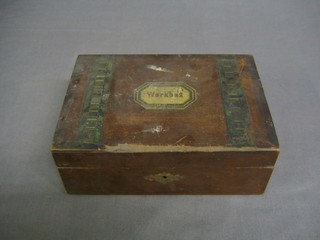 A 19th Century wooden trinket box with hinged lid, the top marked work box 8"