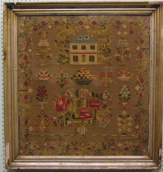 A 19th Century sampler with house and gardens by Rosim Sriy? at Thelsby School 1877, 25" x 23"