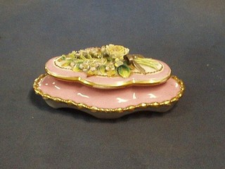 A fine quality 19th Century Continental porcelain 3 compartment inkwell of boat shape with puce and gilt banding and floral decoration 8"