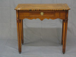 A Continental rosewood and parquetry side table fitted a drawer, inlaid throughout, on square tapering supports 30"