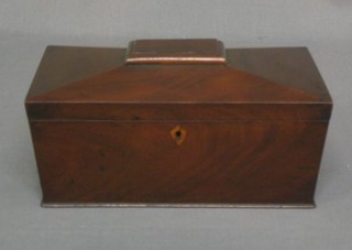 A 19th Century twin compartment mahogany tea caddy of sarcophagus from 10"