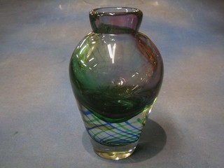 A 1950's heavy Murano green glass vase with swirl decoration 10"