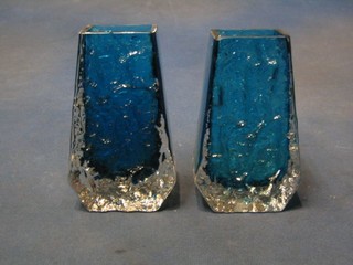 A pair of 1960's "Whitefriars" blue frosted glass diamond shaped vases 5"