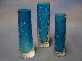 A 1960's Whitefriars square blue frosted glass vase 7" together with 2 cylindrical vases 6 1/2" and 5 1/2"