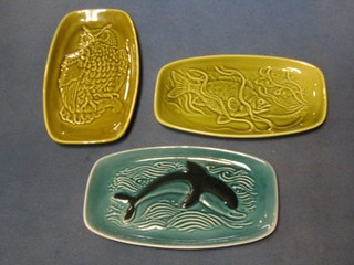 3 Poole Pottery dishes decorated fish and dolphin 7" base with rubber stamp mark