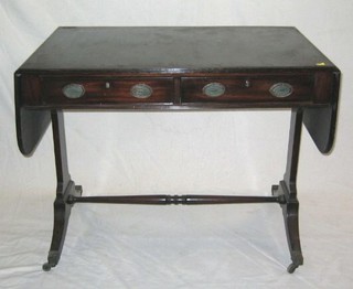 A 19th/20th Century Georgian style sofa table, raised on standard end supports  37"