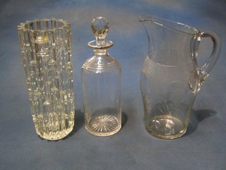 A Whitefriars style bamboo effect vase 10", an etched glass jug and a cut glass mallet shaped decanter