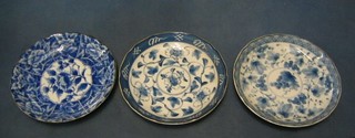 3 19th Century Oriental blue and white porcelain bowls, the bases with seal marks 7 1/2"