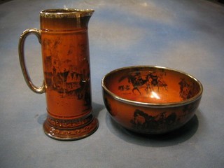 A Ridgways Scenes From Coaching Days pottery jug decorated a Christmas Visitor 10" and a ditto circular bowl 8"