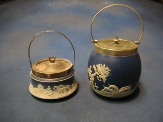 An Adam blue and white Jasperware biscuit barrel decorated a hunting scene with silver plated mounts and a do. preserve jar and cover