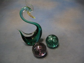 A Murano glass figure of a swan 11", a modern Bohemian green glass paperweight and a Lancombe bevelled glass paperweight