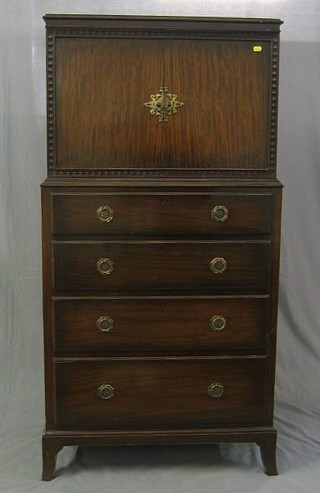 A 1920's mahogany tall boy, the upper section enclosed by panelled doors, the base fitted 4 long drawers, raised on bracket feet, by Waring & Gillow 29" 