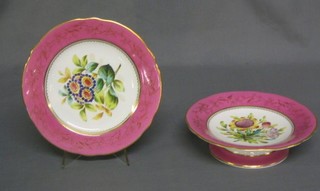A  19th Century Staffordshire comport and 2 matching plates with pink and gilt banding and floral decoration, 2 Royal Worcester soup bowls with Oriental decoration, a 19th Century Minton & Hollins green and floral decorated tea cup and saucer and 4 French plates