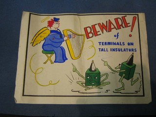 A WWII watercolour cartoon poster "Beware of Thermals on Tall Insulators" 10" x 14"