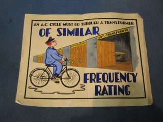 A WWII watercolour cartoon poster "An A C Cycle  Must Go Through The Transformer of Similar Frequency Rating" 10" x 13"