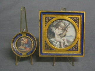 A 17th Century style coloured portrait miniature print "Cherub with Mandolin" 3" and a Nativity Scene 2"
