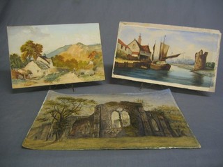 M M Trussle, 2 watercolour drawings "Mountain Scene with Cottage Lane and Figures" 8" x 12"  and "Barge by Buildings" 7" x 12" and a watercolour "Ruined Abbey" 11" x 15" (unframed)