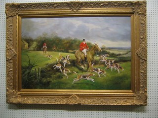 A 20th Century oil painting on canvas "19th Century Fox Hunt with Hounds" 24" x 35" contained in a decorative gilt frame