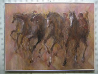 Breu, oil painting on canvas, impressionist study "Five Race Horses at the Start with Jockey's Up" 40" x 53"