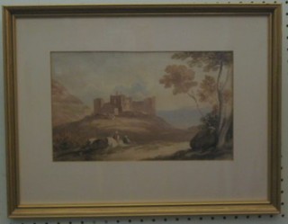 A Victorian watercolour "Castle by Bay with Figures" 7" x 11"