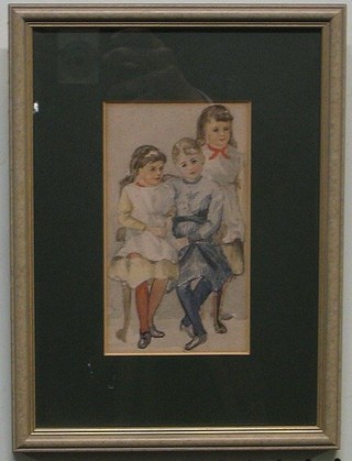 19th Century watercolour "Three Young Girls" 6" x 3 1/2"