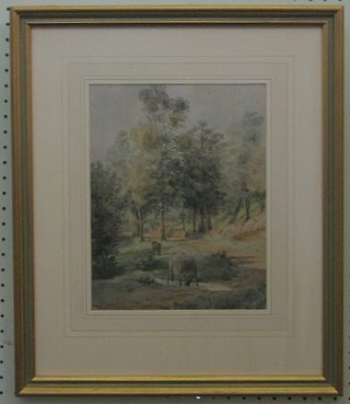 19th Century watercolour "Cattle in Wooded Area with Path" monogrammed KSC, 11" x 9"