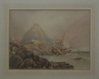 19th Century watercolour "St Michael's Mount with Ship in Heavy Sea and Figures by Rocks" 7" x 9"