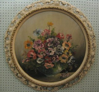 Oil on canvas, still life, "Vase of Flowers" 20" circular