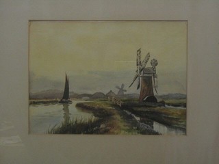 Dutch watercolour, "Canal with Barge and Windmills" 8" x 10"