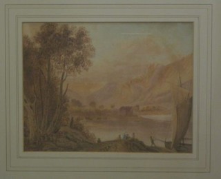 An 18th/19th Century watercolour "Mountain Scene with Lake Buildings and People Fishing" 7" x 9"