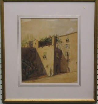 F M Hurrell Froude, Italian School, watercolour, "Courtyard with Figure" monogrammed FMHF, 9" x 8"