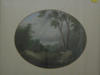 A Victorian oil painting on card "Wooded Track with Bay and Fishing Boats" 9" oval