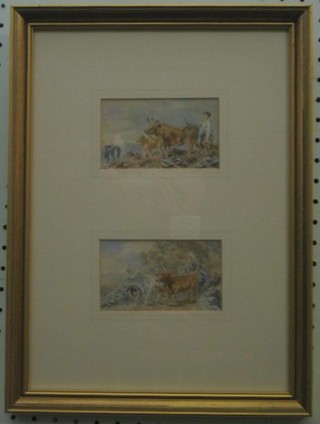 In the style of David Cox, a pair of 18th Century watercolours "Girls Driving Cattle" 3" x 4"