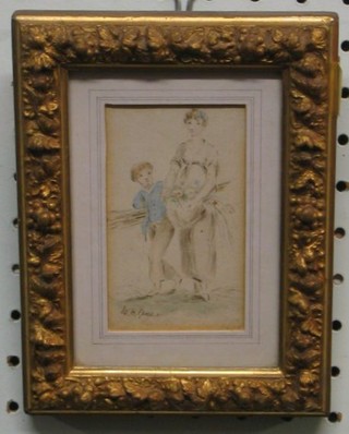 W H Pyne, watercolour "Two Children Gathering Corn" signed 4" x 3 1/2"