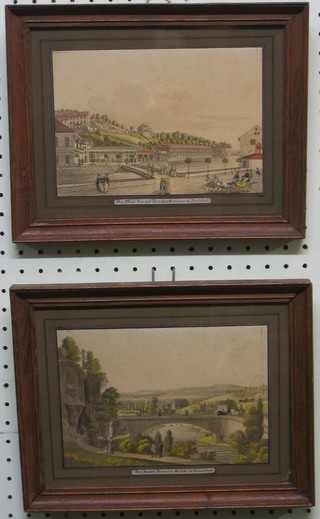 A pair of 19th Century German coloured prints of a Bridge 5" x 8" and 1 other "Town of Karlsbag"