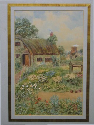 John S Fox, a watercolour drawing "Country Cottage with Church in Distance" 17" x 11"