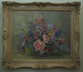 S Turner?, 1950's oil painting on canvas, still life study "Vase of Flowers" 19" x 23"