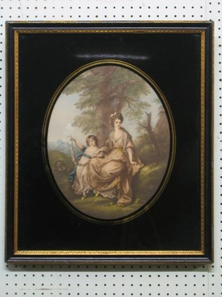 An 18th/19th Century oval coloured print "Seated Lady and Child" 13" contained in a Hogarth frame