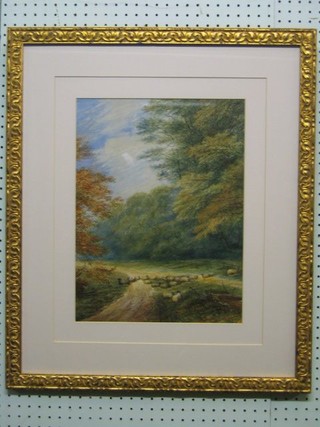 A 19th Century watercolour drawing "Wooded County Lane with Sheep and Trees" 16" x 12"