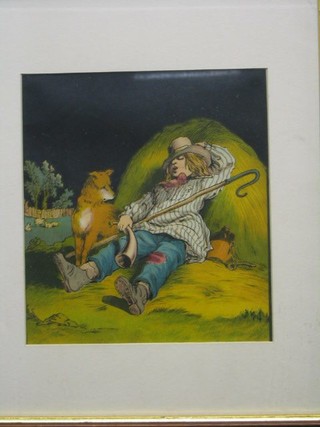 A 1930's humerous coloured print "Slumbering Shepherd" 9" x 8"