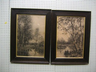 E W Grace, a pair of 19th Century monochrome prints "Country Scenes" 18" x 12" in oak frames