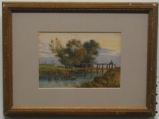 A 19th Century naive watercolour drawing "River with Bridge and Cattle Watering, Church in Distance" 4" x 6"
