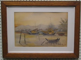 Oriental School, watercolour "Moored Fishing Boats with Mountains in the Distance" 9" x 13" indistinctly signed