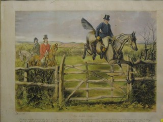 A 19th Century coloured hunting print "The Noble Service" 18" x 25" contained in a maple frame