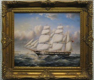A modern oil painting on canvas "British Merchant Three Masted Clipper in Heavy Sea with Cliffs in Distance" 19" x 24"