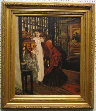 A reproduction oil painting on board "Victorian Interior Scene with Two Ladies" 24" x 19"