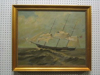 A reproduction oil painting on canvas "Three Masted American Clipper in Heavy Sea" 17" x 21"