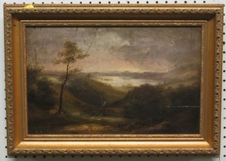 A 19th Century oil painting on board "Bay with Trees" 9" x 13" contained in a gilt frame