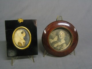 An 18th Century naive portrait miniature of a bonnetted lady, 3" oval together with a monochrome portrait miniature print 3" contained in a circular frame