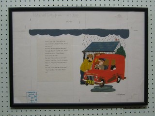 J S Hickson,  Postman Pat original art work drawing "Pat's Wet Day" page 26 and 27 with text, purchased at Phillips Postman Pat Studio Sale 18 December 1990 with Phillip's stamp, 14" x 21" signed